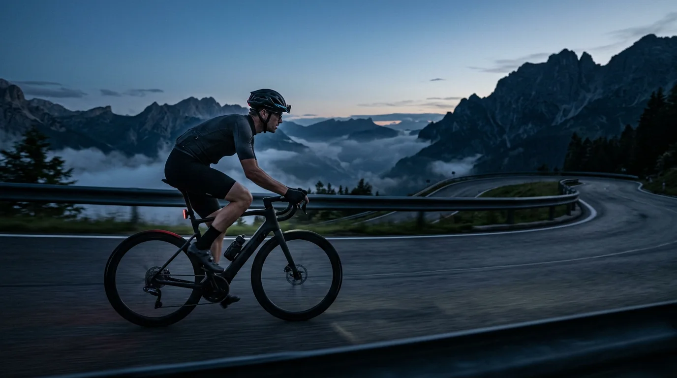 Cyclist riding a ROVE bike on a mountain road at dusk
