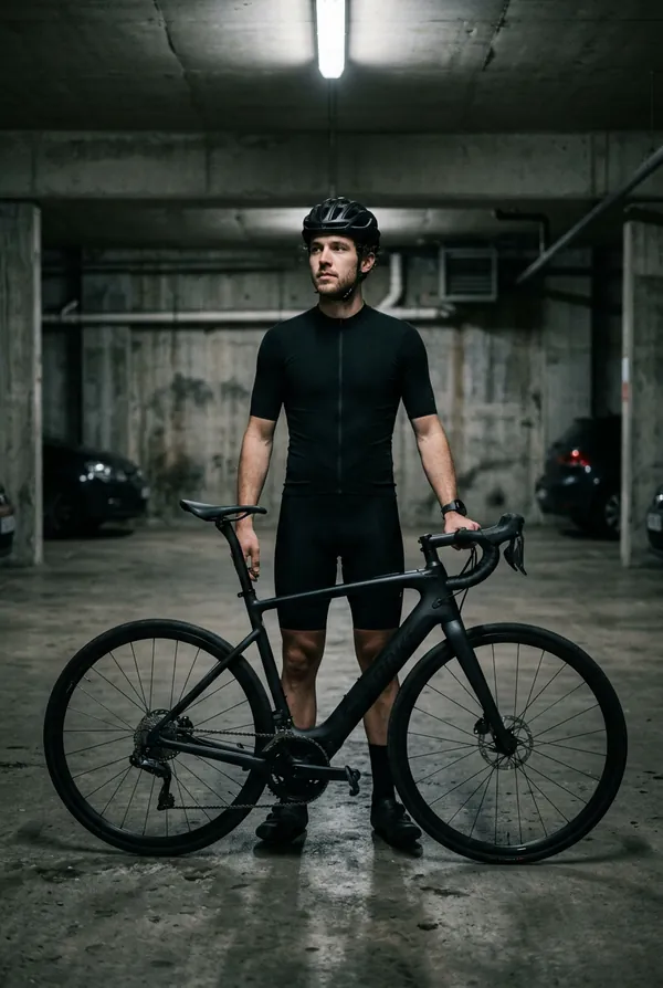 Rider standing beside a ROVE bike in a concrete garage